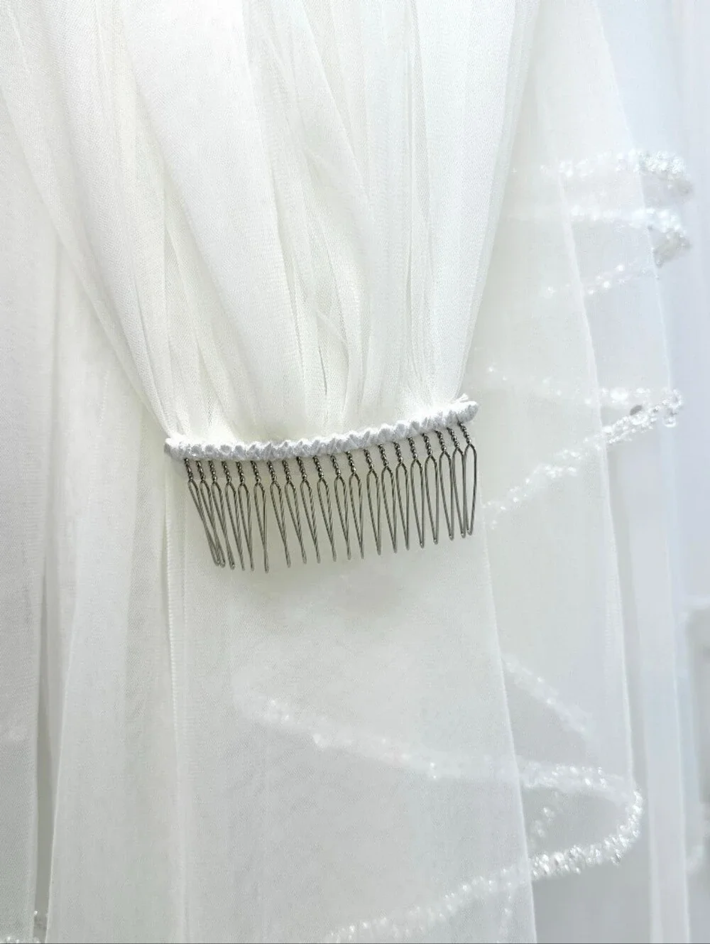 White Bridal Veil with Beaded Edge, Cathedral